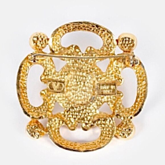 Valentino Vintage Gold Brooch w/ Crystal & Pearl Detail Pristine - Picture 2 of 5